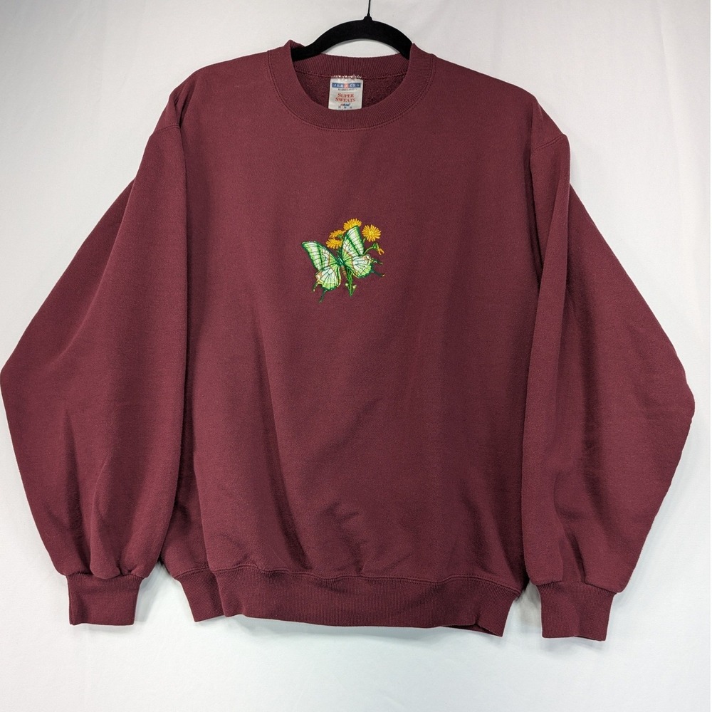 Jerzees Super Sweats Burgundy Embroidered Butterfly Crewneck Sweatshirt Mens M